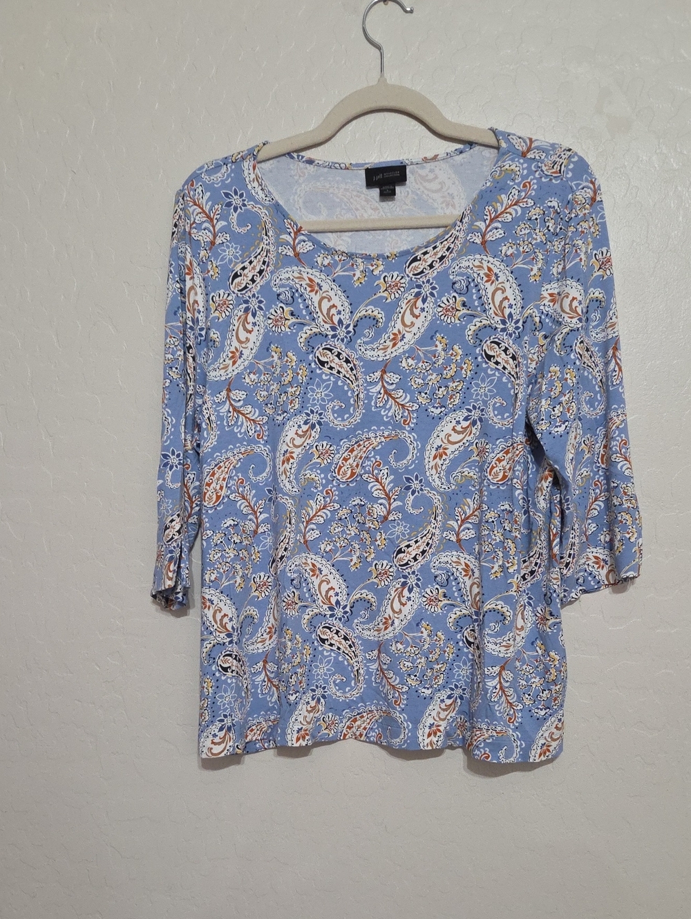 J. Jill Light Blue Paisley 3/4 Sleeve Scoop Neck Top